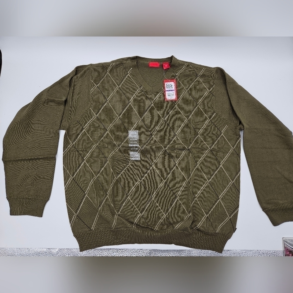 NWT IZOD OLIVE GREEN Pullover 100% Cotton Sweater Mens Sz XXL DIAMOND PATTERN